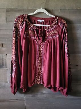 American Eagle Embroidered Boho Peasant Top Tassle Long Sleeved 2X